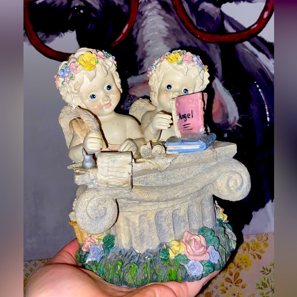 Vintage Cherub working angels at desk music whistle works great